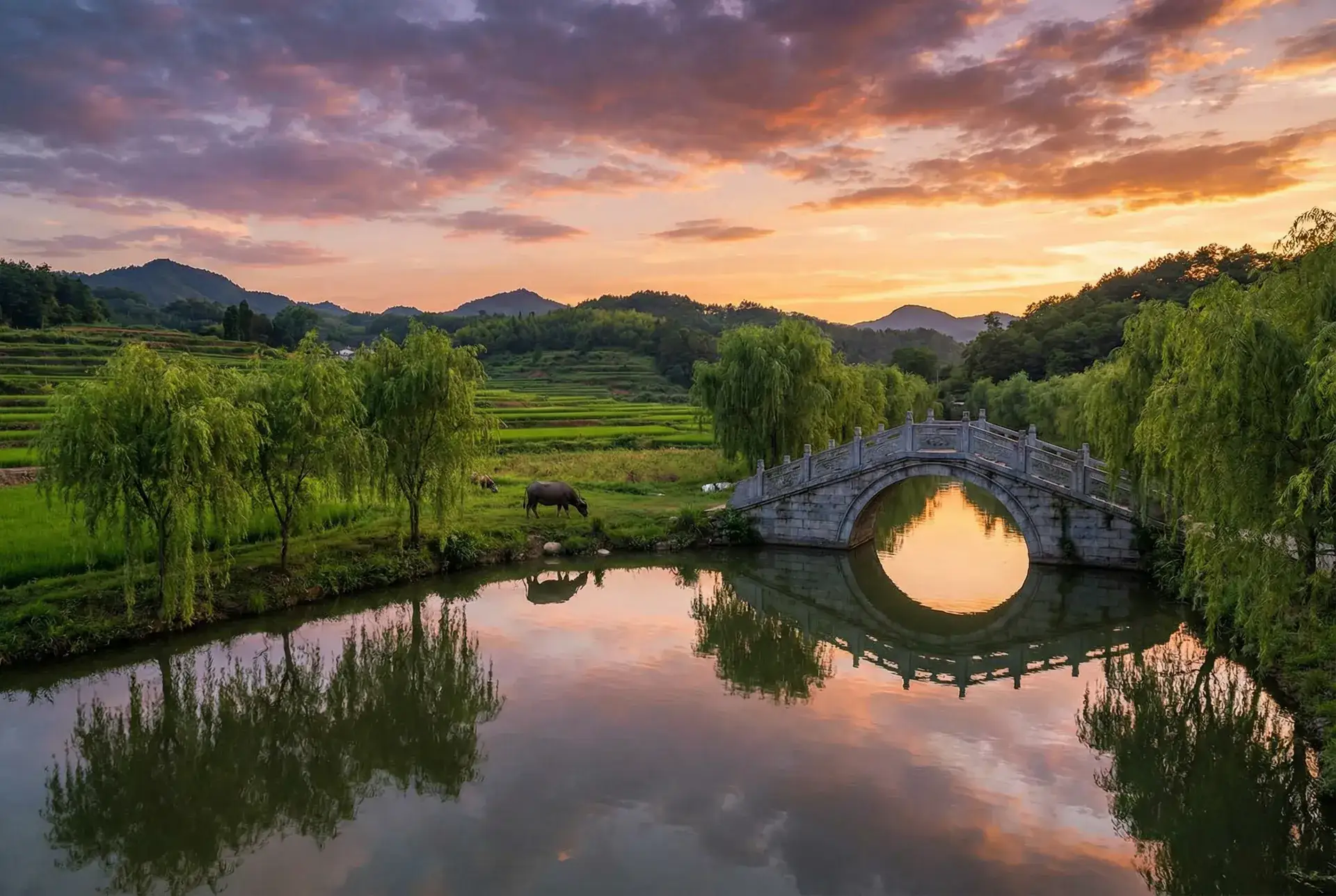 夕阳下的石拱桥与垂柳，水牛在河边吃草 - 探花在线观看 乡村美景